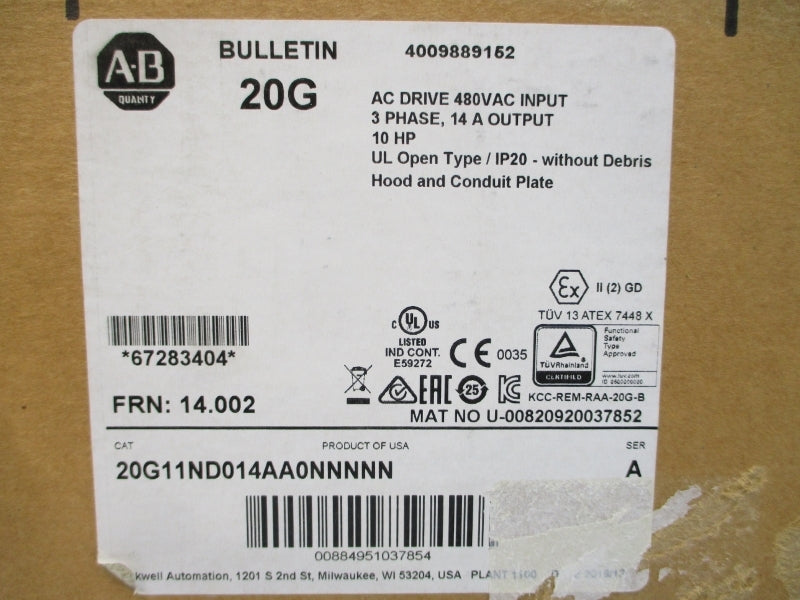 ALLEN BRADLEY 20G11ND014AA0NNNNN SER. A F/W 14.002 480VAC 14A NSMP