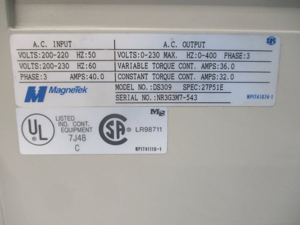 MAGNETEK DS309 27P51E CIMR-G3M27P5 200-230VAC 40.0A NSMP