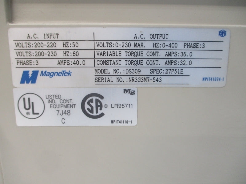 MAGNETEK DS309 27P51E CIMR-G3M27P5 200-230VAC 40.0A NSMP