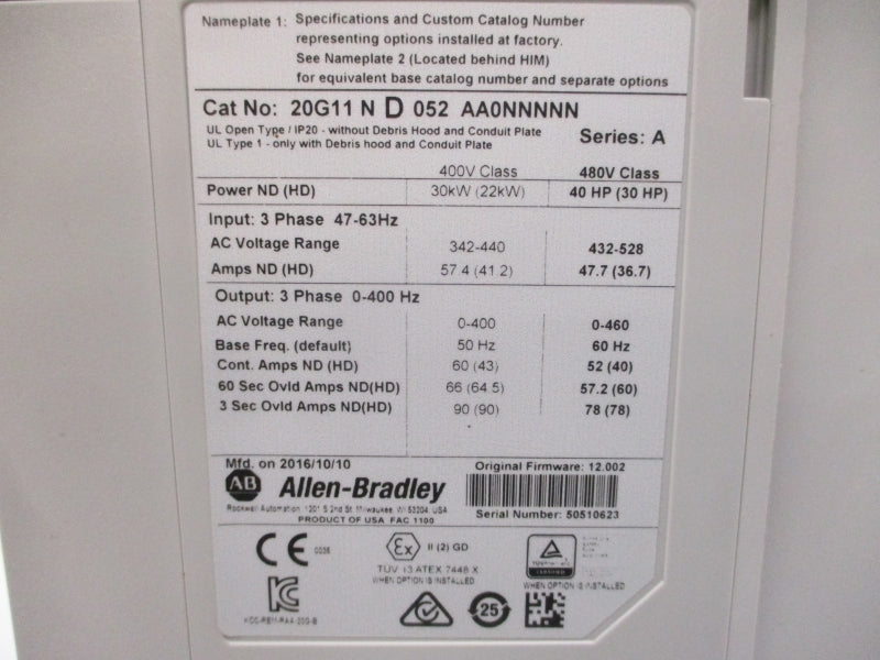 ALLEN BRADLEY 20G11ND052AA0NNNNN SER. A F/W 12.002 432-528VAC 47.7/36.7A NSMP