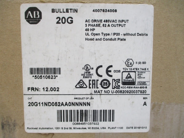 ALLEN BRADLEY 20G11ND052AA0NNNNN SER. A F/W 12.002 432-528VAC 47.7/36.7A NSMP