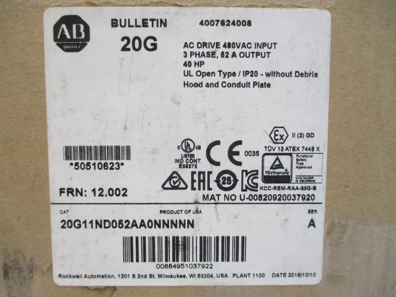 ALLEN BRADLEY 20G11ND052AA0NNNNN SER. A F/W 12.002 432-528VAC 47.7/36.7A NSMP