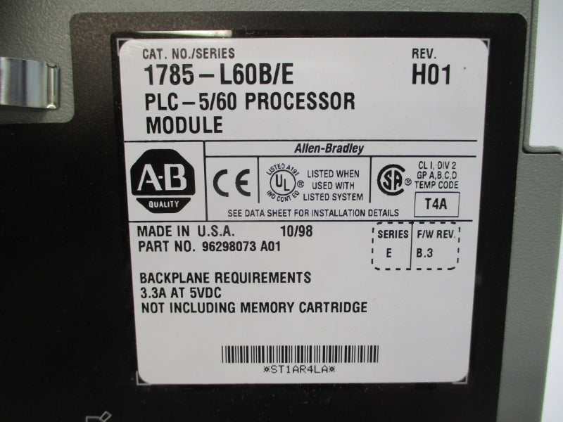 ALLEN BRADLEY 1785-L60B SER. E F/W B.3 5VDC 3.3A REV. H01 UNMP