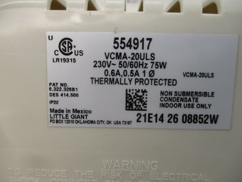 LITTLE GIANT 4RL07A VCMA-20ULS 554917 230V 0.6/0.5A NSMP