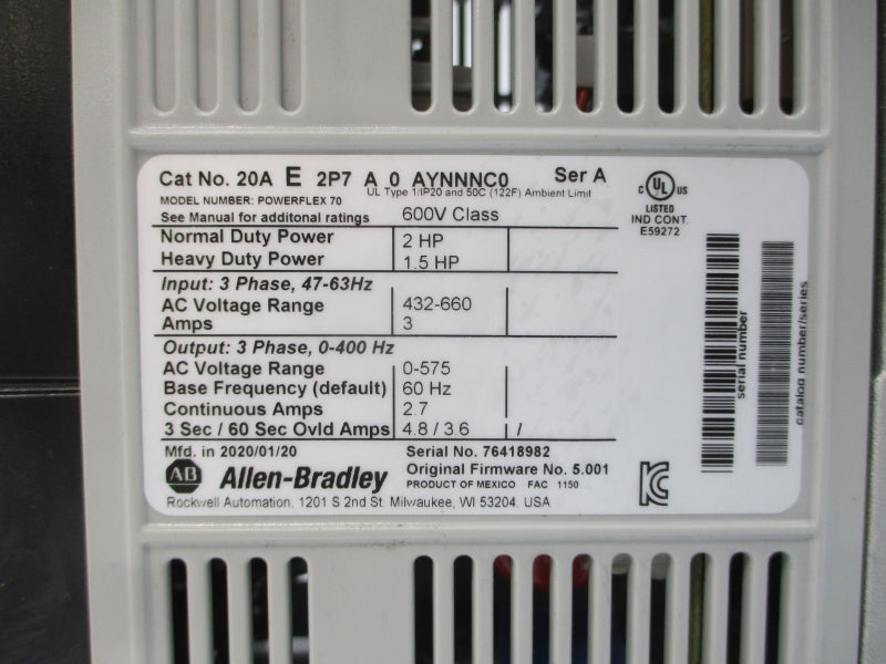 ALLEN BRADLEY 20AE2P7A0AYNNNC0 SER. A F/W 5.001 432-660VAC 3A NSNP