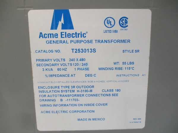 ACME ELECTRIC T253013S 240/480V NSMP