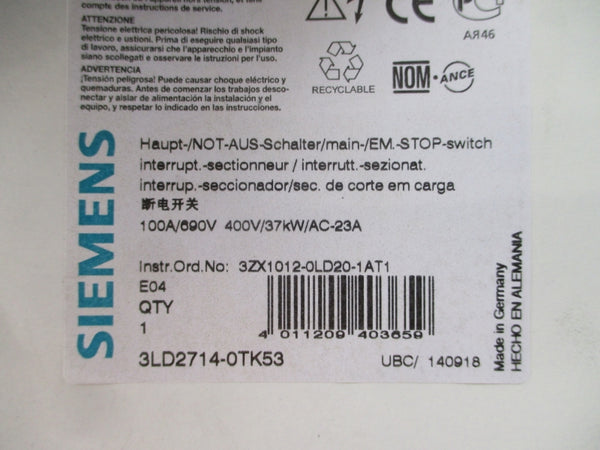 SIEMENS 3LD2714-0TK53 400V 100A NSMP