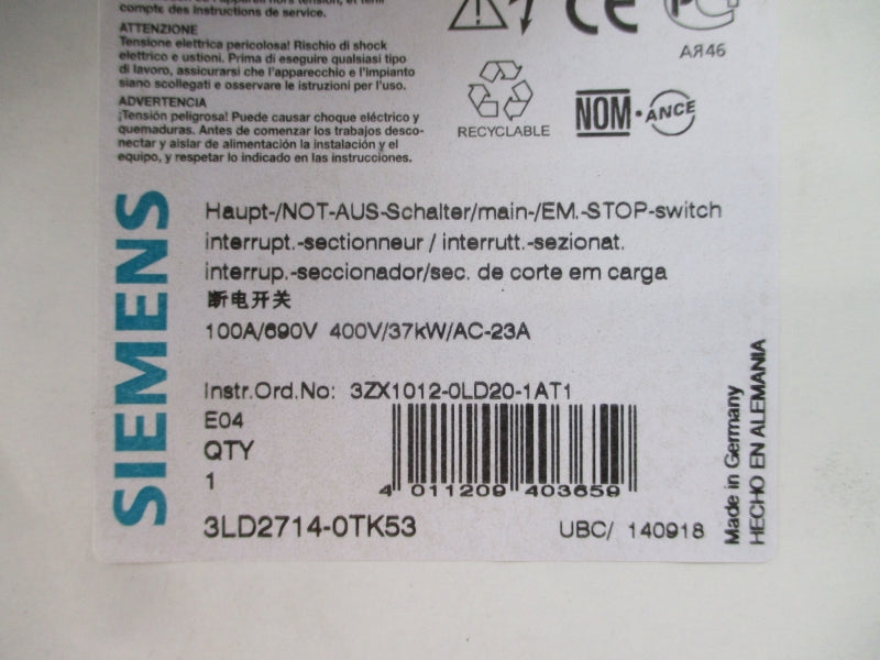 SIEMENS 3LD2714-0TK53 400V 100A NSMP