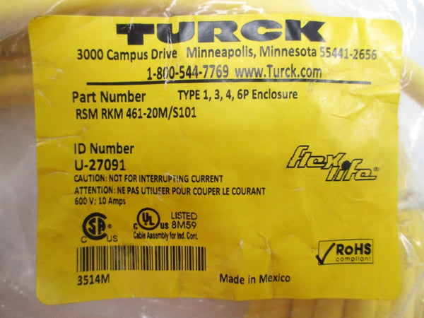 TURCK RSM-RKM-461-20M/S101 U-27091 600V 10A NSMP
