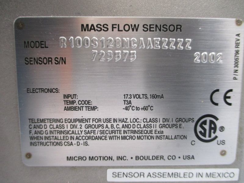 MICRO MOTION R100S128NCAAEZZZZ 1700I11ABUEZZ 17.3V 275PSI UNMP