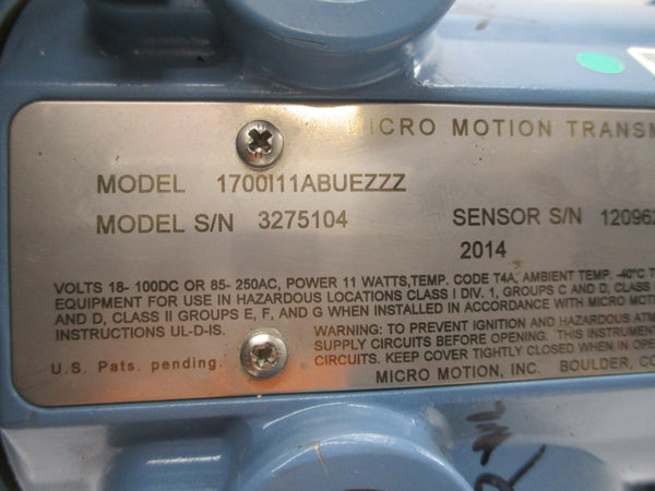 MICRO MOTION R100S128NCAAEZZZZ 1700I11ABUEZZ 17.3V 275PSI UNMP