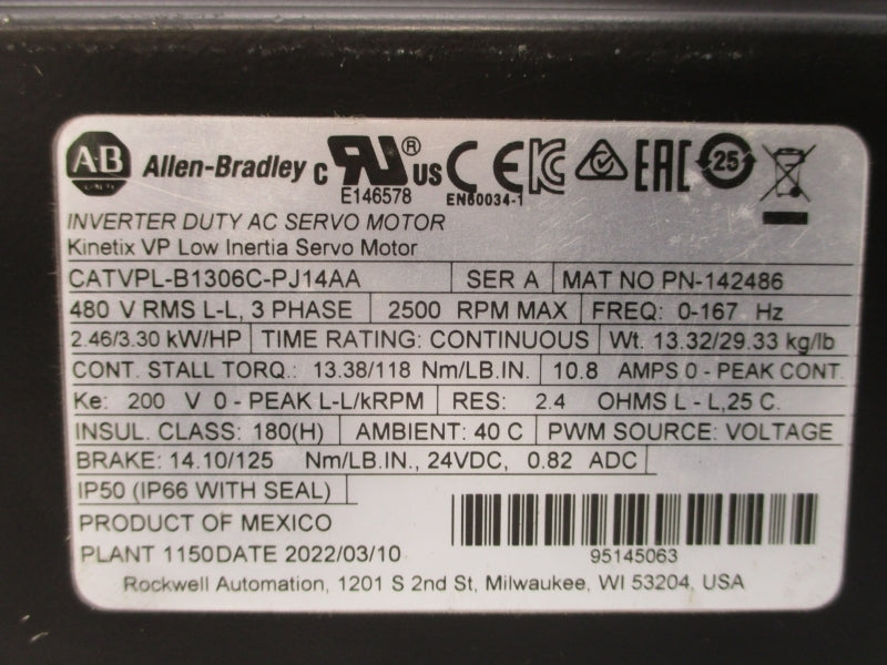 ALLEN BRADLEY VPL-B1306C-PJ14AA SER. A 480VAC 10.8A NSNP