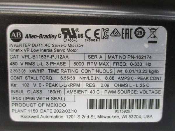 ALLEN BRADLEY VPL-B1153F-PJ12AA SER. A 480VAC 8.88A NSNP