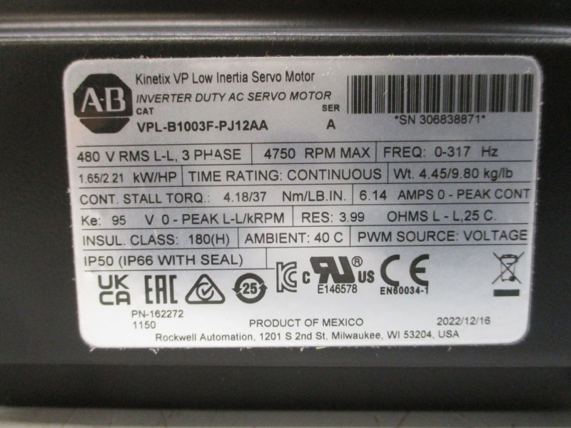 ALLEN BRADLEY VPL-B1003F-PJ12AA SER. A 480VAC 6.14A NSMP