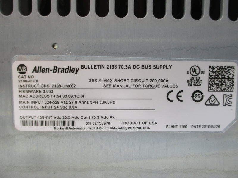 ALLEN BRADLEY 2198-P070 SER. A F/W 3.003 324-528VAC 27.0A NSMP