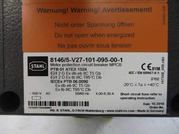 STAHL 8146/5-V27-101-095-00-1 690VAC 4.00-6.30A NSNP