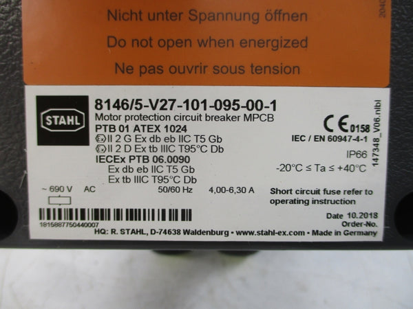 STAHL 8146/5-V27-101-095-00-1 147190 690VAC 4.00-6.30A NSMP