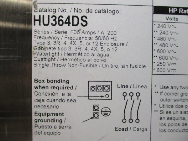 SQUARE D HU364DS SER. F06 600V 200A NSNP