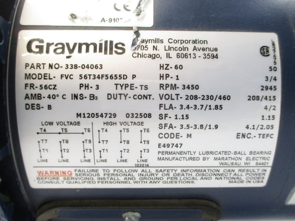 GRAYMILLS TN37H-F1 W/ 338-04063 56T34F5655DP 208-230/460V 3.4-3.7/1.85A NSNP