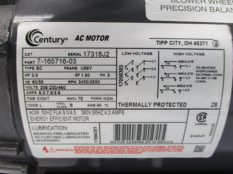 CENTURY 7-165716-03 208-230/460VAC 8.3-7.6/3.8A NSNP