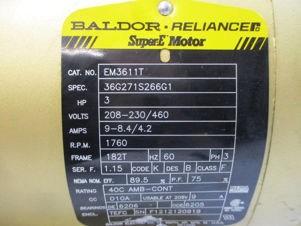 BALDOR EM3611T 36G271S266G1 208-230/460V 9-8.4/4.2A NSNP