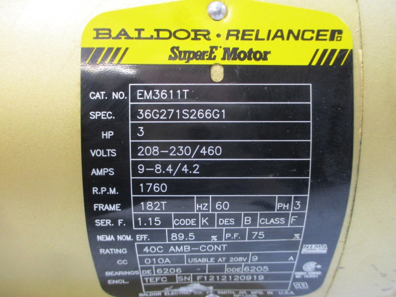 BALDOR EM3611T 36G271S266G1 208-230/460V 9-8.4/4.2A NSNP