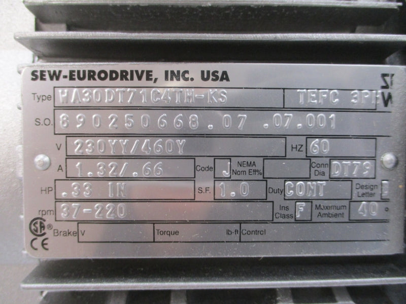 SEW-EURODRIVE WA30DT71C4TH-KS 230/460V 1.32/.66A NSNP