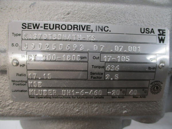 SEW-EURODRIVE KA37DT80N4TH-KS DFT80M4TH-KS 230/460V 3.70/1.85A NSNP