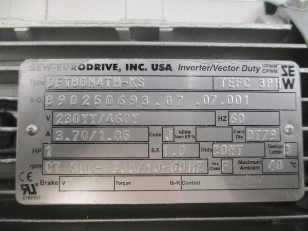 SEW-EURODRIVE KA37DT80N4TH-KS DFT80M4TH-KS 230/460V 3.70/1.85A NSNP