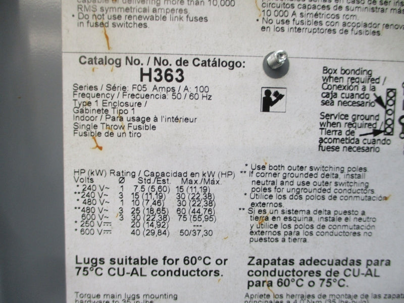 SQUARE D H363 SER. F05 600V 100A NSMP