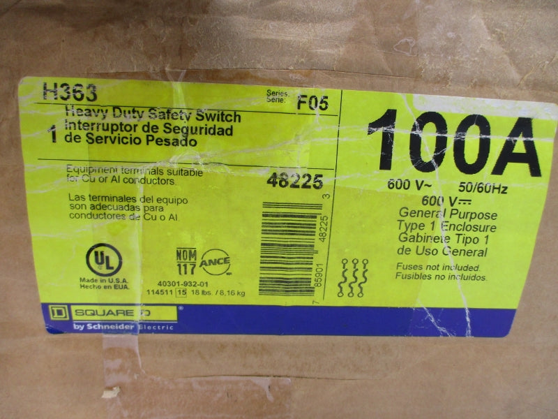 SQUARE D H363 SER. F05 600V 100A NSMP