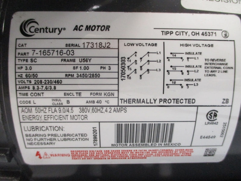 CENTURY 7-165716-03 208-230/460VAC 8.3-7.6/3.8A NSNP