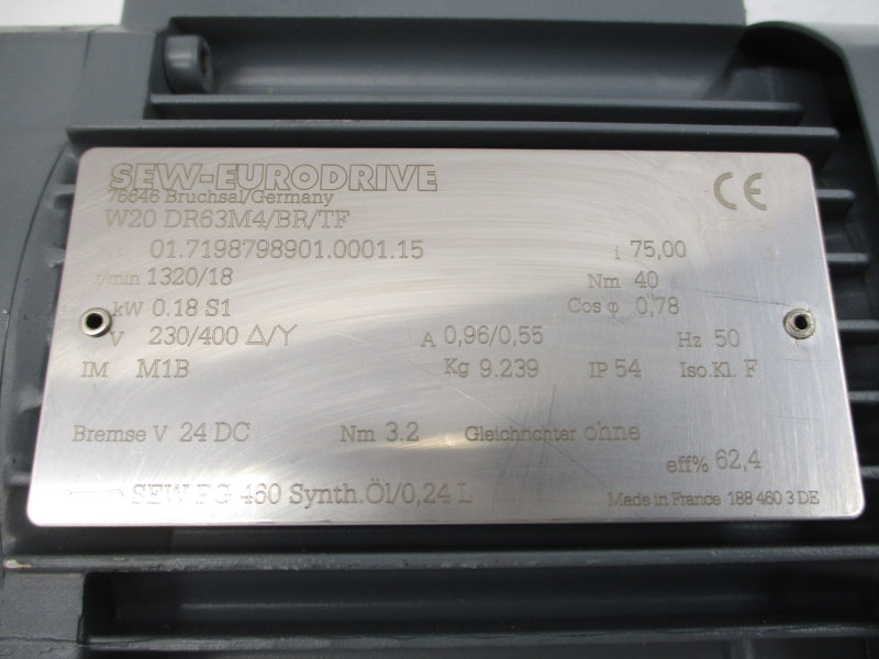 SEW-EURODRIVE W20DR63M4/BR/TF 230/400V 0.96/0.55A NSNP