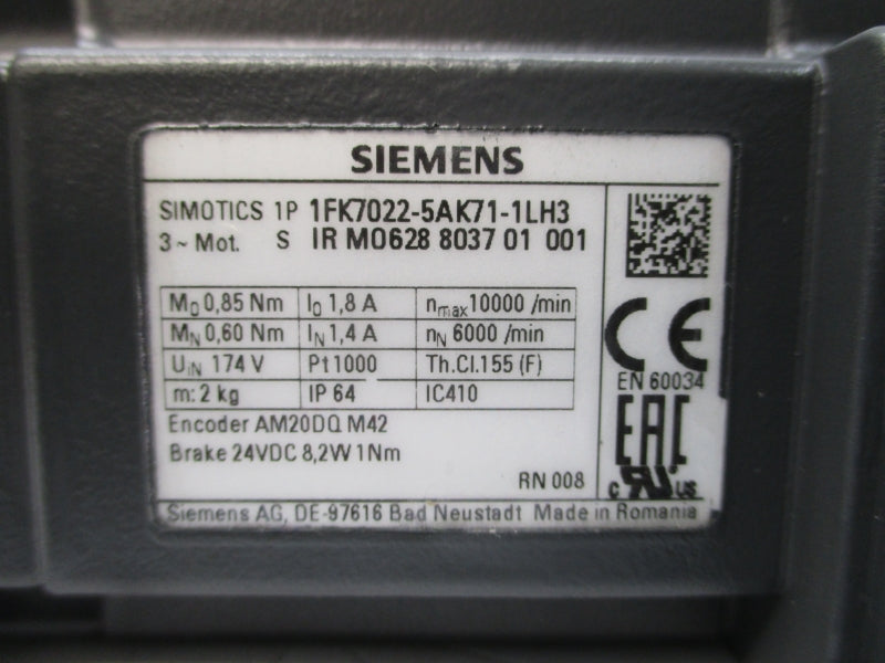 SIEMENS 1FK7022-5AK71-1LH3 174V 1.8/1.4A NSMP