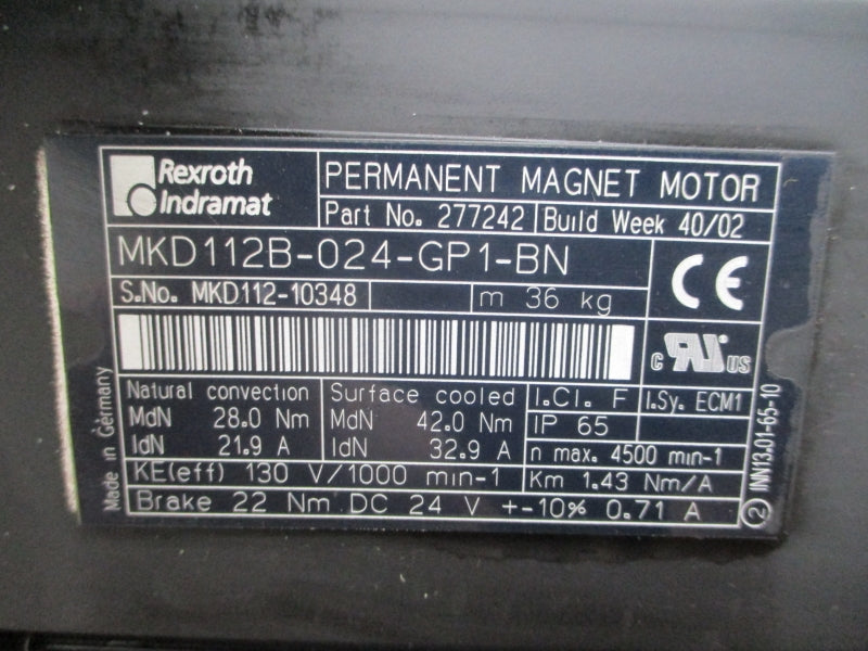 REXROTH INDRAMAT MKD112B-024-GP1-BN 277242 130V 21.9/32.9A NSNP