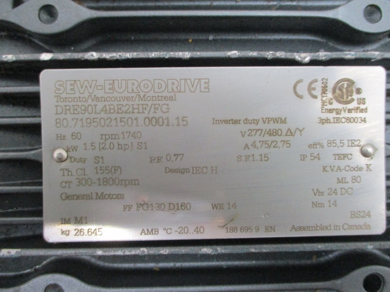 SEW-EURODRIVE DRE90L4BE2HF/FG 277/480V 4.75/2.75A NSNP