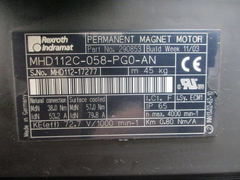 REXROTH INDRAMAT MHD112C-058-PG0-AN 290853 72.7V 53.2/79.8A NSNP