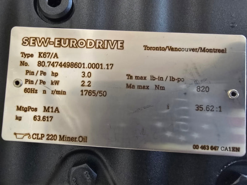 SEW-EURODRIVE K67DRN100L4 230/460V 8.30/4.15A NSMP