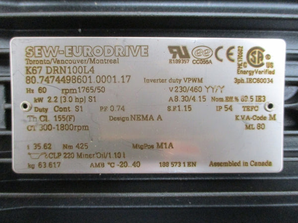 SEW-EURODRIVE K67DRN100L4 230/460V 8.30/4.15A NSMP