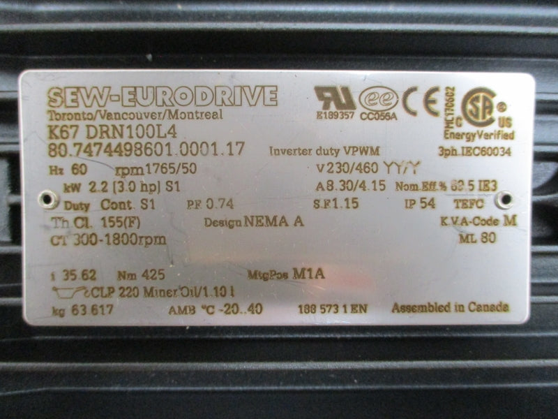 SEW-EURODRIVE K67DRN100L4 230/460V 8.30/4.15A NSMP
