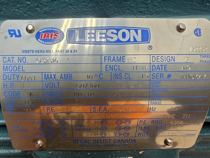 LEESON C132316 1760 RPM 1 HP  230/460V 8.0/4.0A NSMP