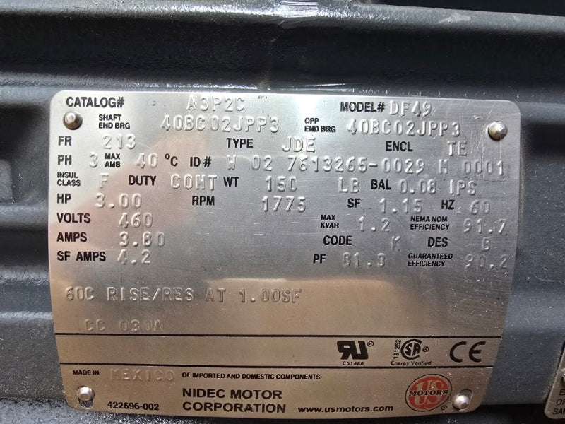 US MOTORS A3P2C DF49 460V 3.80A NSMP