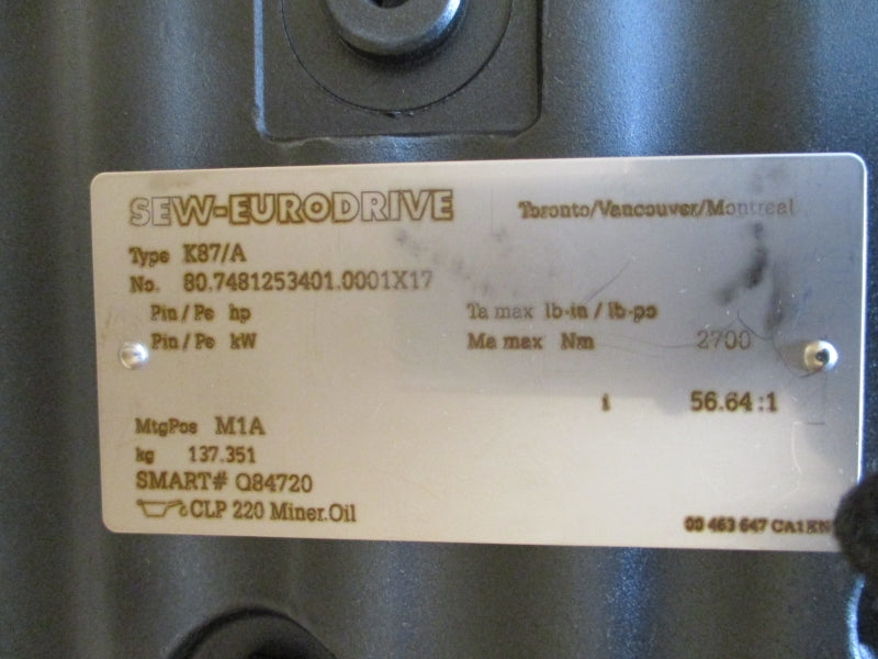 SEW-EURODRIVE K87R57DRE90M4/MM15/MO/LN 380-500V 3.00A NSMP