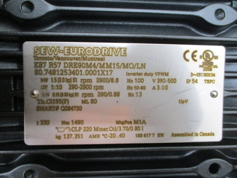 SEW-EURODRIVE K87R57DRE90M4/MM15/MO/LN 380-500V 3.00A NSMP