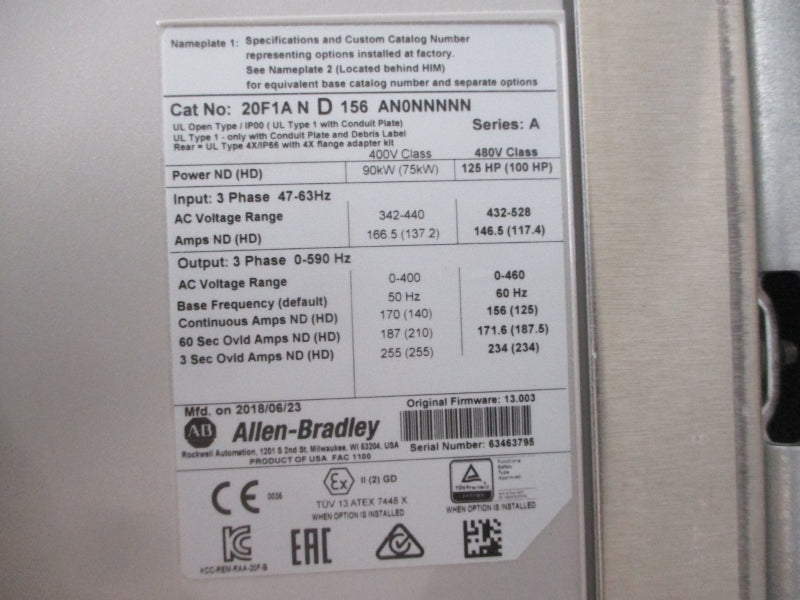 ALLEN BRADLEY 20F1AND156AN0NNNNN SER. A F/W 13.003 432-528VAC 146.5A (BR/WH) NSMP