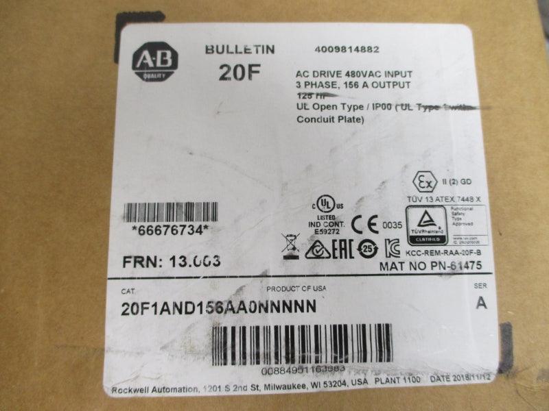 ALLEN BRADLEY 20F1AND156AN0NNNNN SER. A F/W 13.003 432-528VAC 146.5A (BR/WH) NSMP