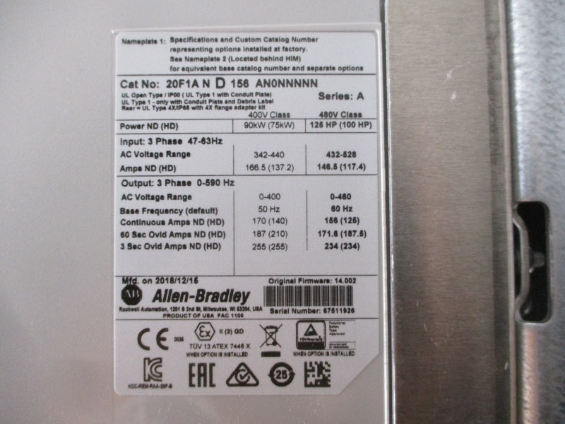 ALLEN BRADLEY 20F1AND156AN0NNNNN SER. A F/W 14.002 432-528VAC 146.5A (BR/WH) NSMP