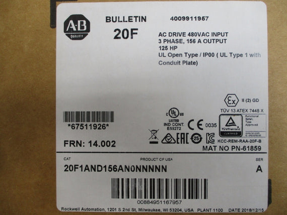 ALLEN BRADLEY 20F1AND156AN0NNNNN SER. A F/W 14.002 432-528VAC 146.5A (BR/WH) NSMP