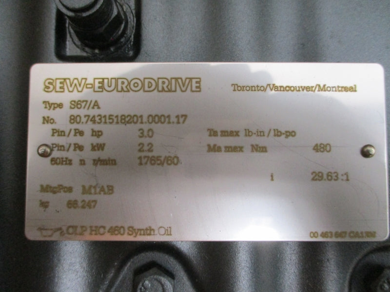 SEW-EURODRIVE S67DRN100L4/BE5HR 460V 4.15A NSMP