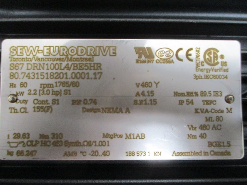 SEW-EURODRIVE S67DRN100L4/BE5HR 460V 4.15A NSMP